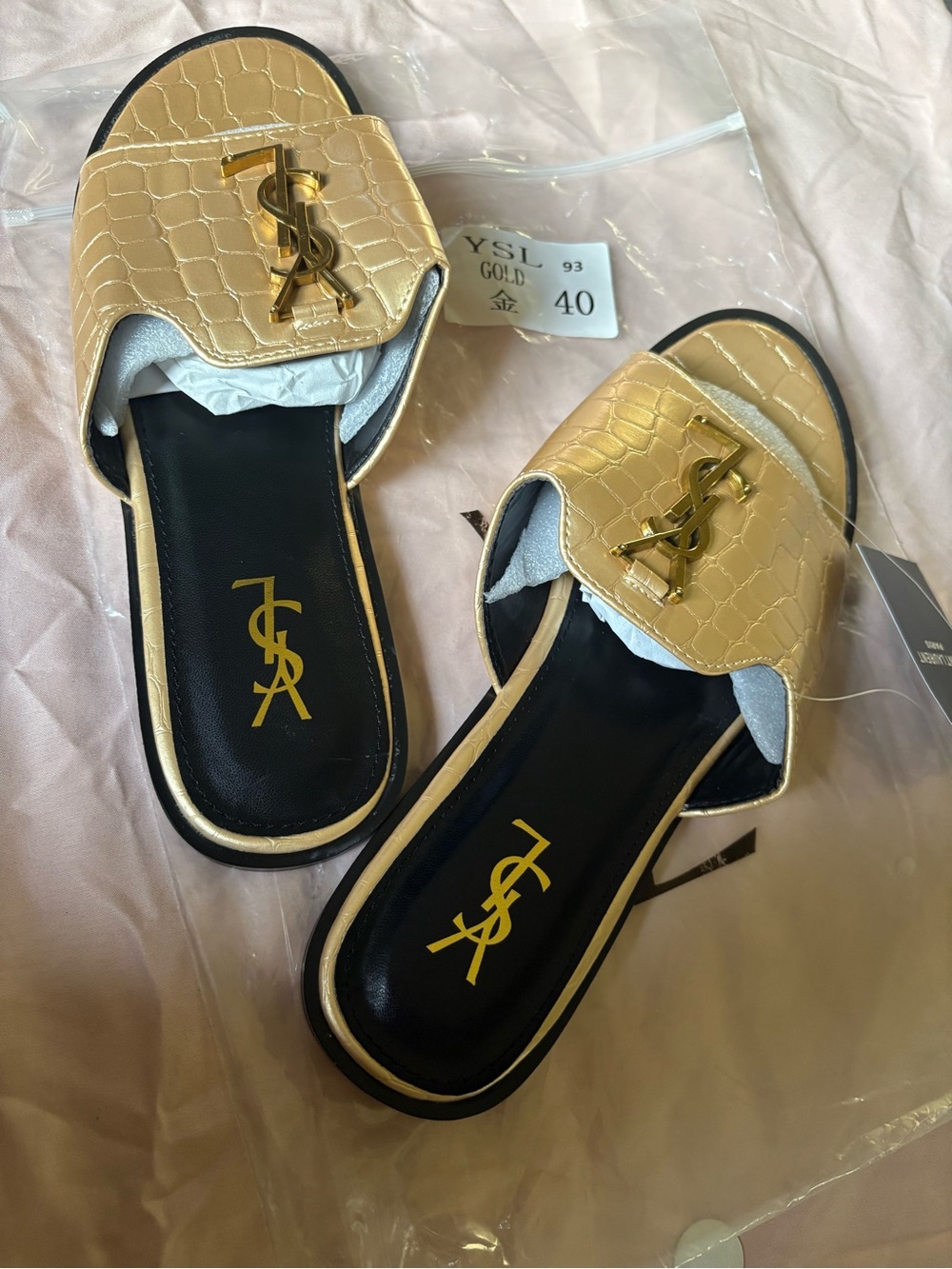 Yves Saint Laurent Gold Croc-Embossed Slide Mules